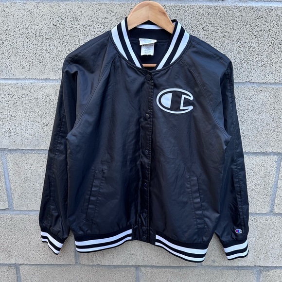 Champion Black Varsity Bomber Jacket Logo Snap Front Women’s M - Picture 1 of 7
